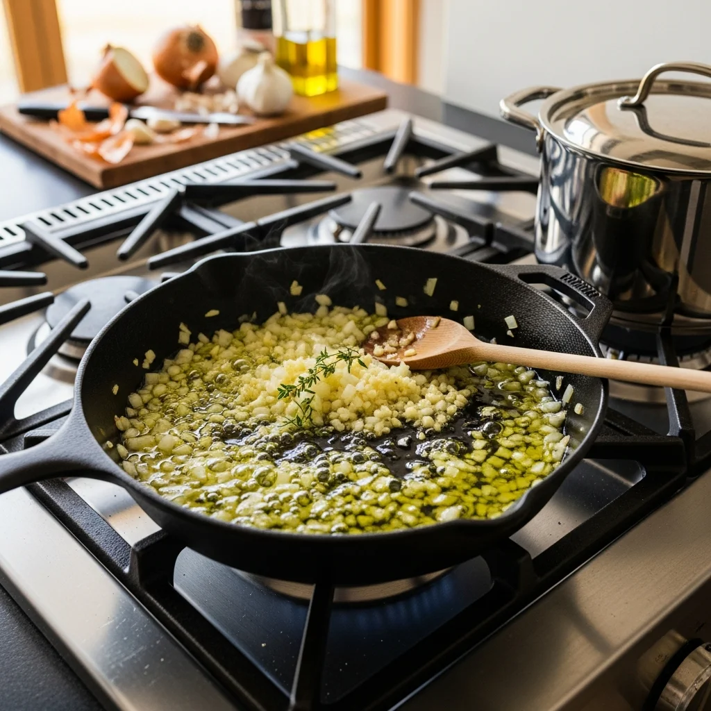Cooking onions and garlic until they are soft and aromatic.
