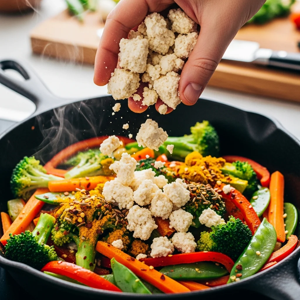 Adding the protein-packed tofu to the simmering vegetables.