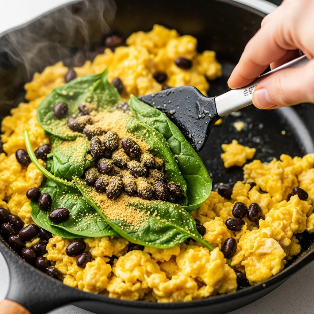 Mixing in the black beans, fresh spinach, and nutritional yeast.