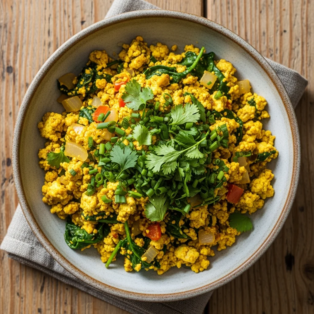A visually appealing bowl of our finished vegan protein breakfast scramble.