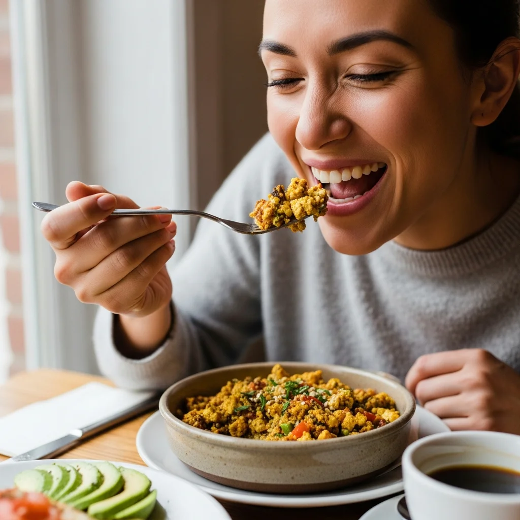 Enjoying a flavorful and energizing vegan high protein breakfast.