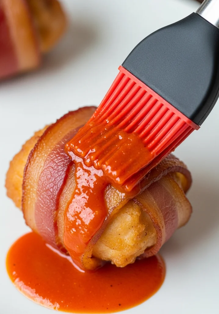 Hand using a brush to put red buffalo sauce on a crispy bacon wrapped chicken piece