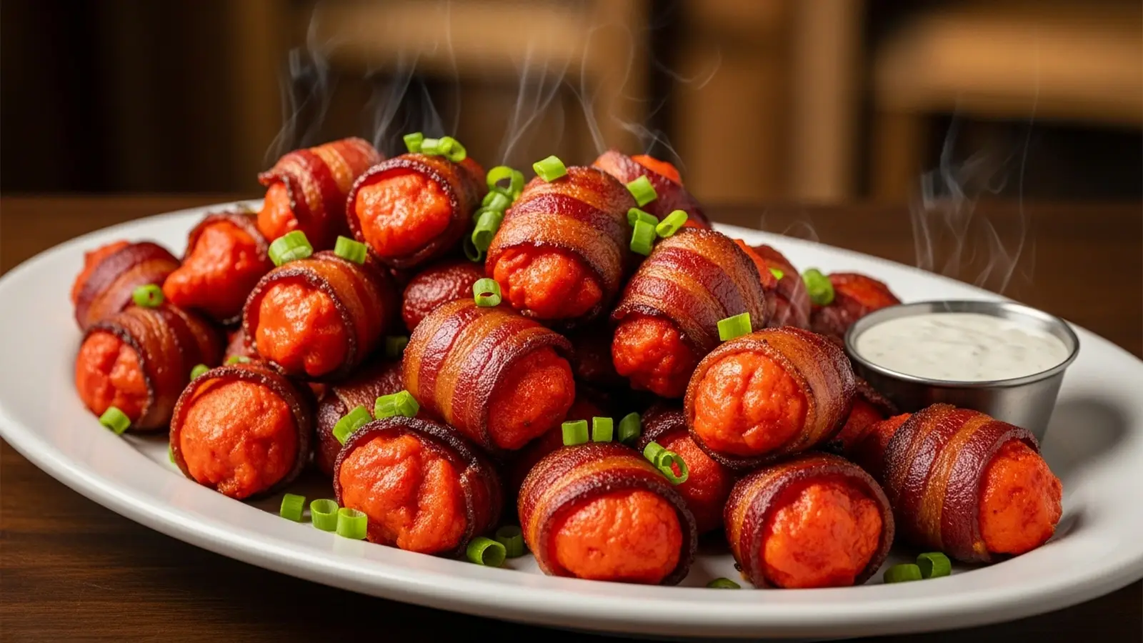 Platter of crispy bacon wrapped buffalo chicken bites with blue cheese dip and celery sticks on a dark background