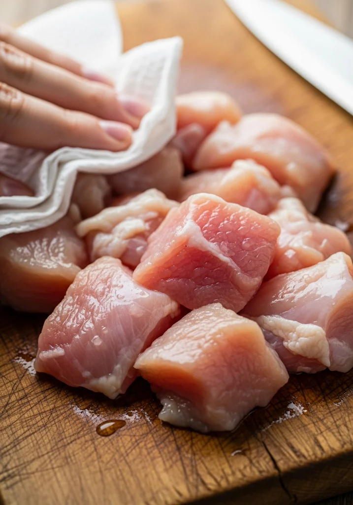 Close up of raw diced chicken breast being dried with a paper towel on a wooden board