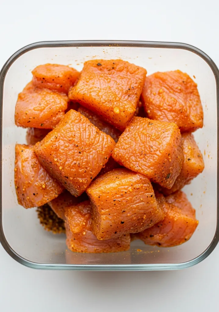 Glass bowl filled with raw chicken cubes coated in orange and red dry spices