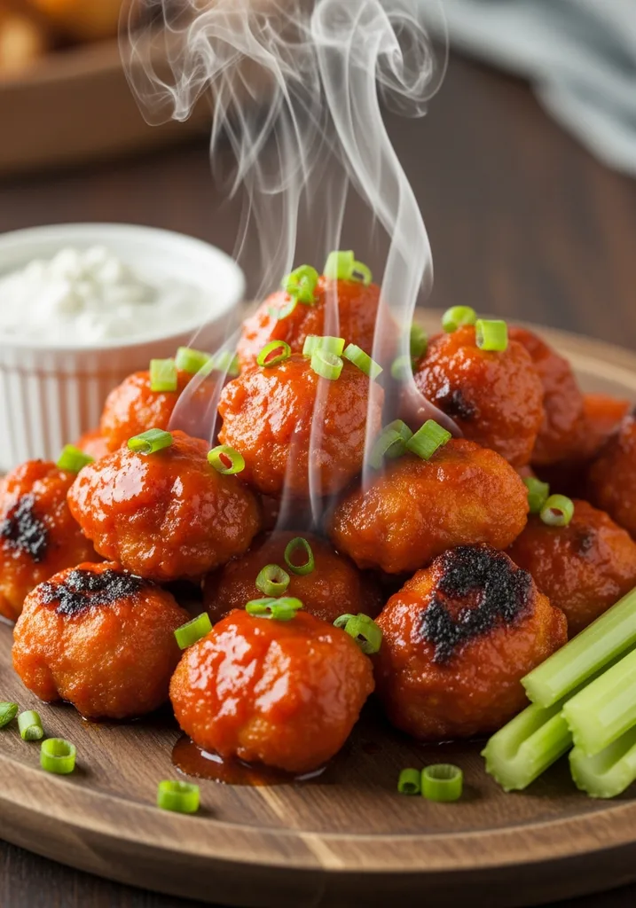 A pile of crispy, red-glazed buffalo chicken bites on a white plate with toothpicks