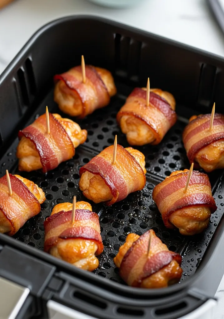 Bacon wrapped chicken pieces spaced out in a black air fryer basket before cooking