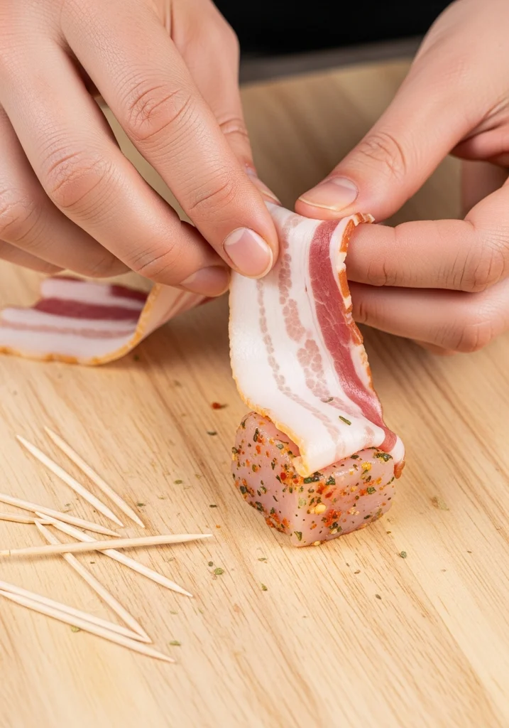 Close up of hands wrapping raw bacon around a small piece of spiced chicken on a counter