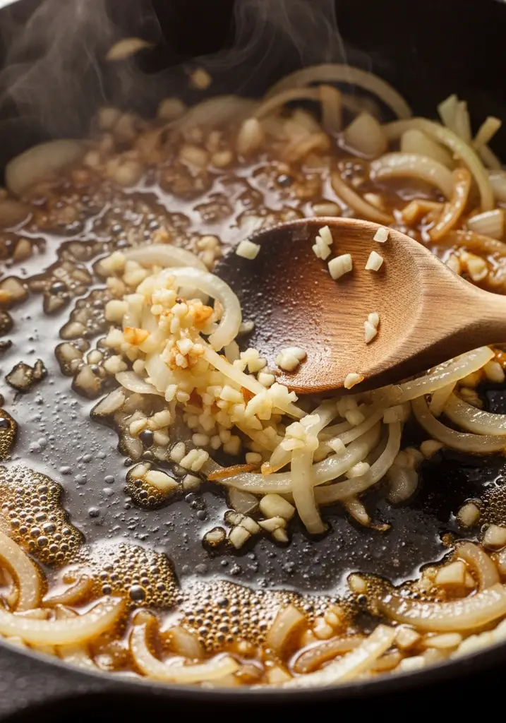Translucent onions, garlic, and beef broth simmering in a skillet, scraping fond.