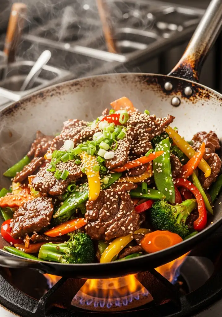 Glossy Korean beef and stir-fried vegetables in a wok, garnished with sesame seeds and green onions.
