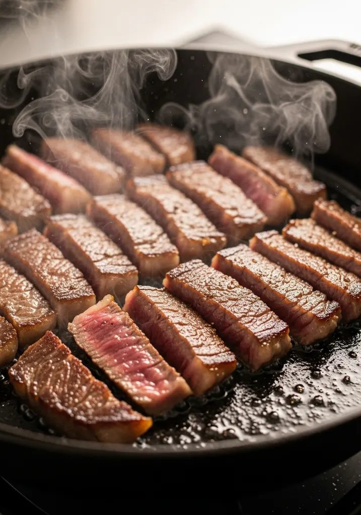 Thinly sliced beef searing in a hot cast iron skillet, showing browning and steam.
