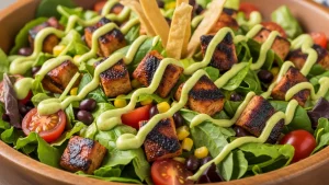 A colorful chicken tortilla salad with grilled meat, avocado, and lime dressing in a rustic wooden bowl