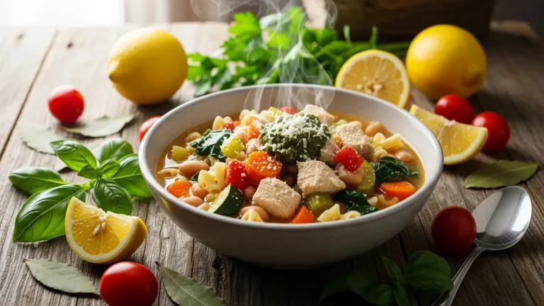 A white ceramic bowl filled with colorful chicken minestrone soup featuring visible chicken, beans, and spinach