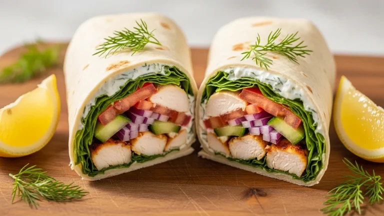 Freshly assembled Mediterranean chicken wrap, sliced in half, revealing chicken, tzatziki, cucumber, tomato, and parsley.