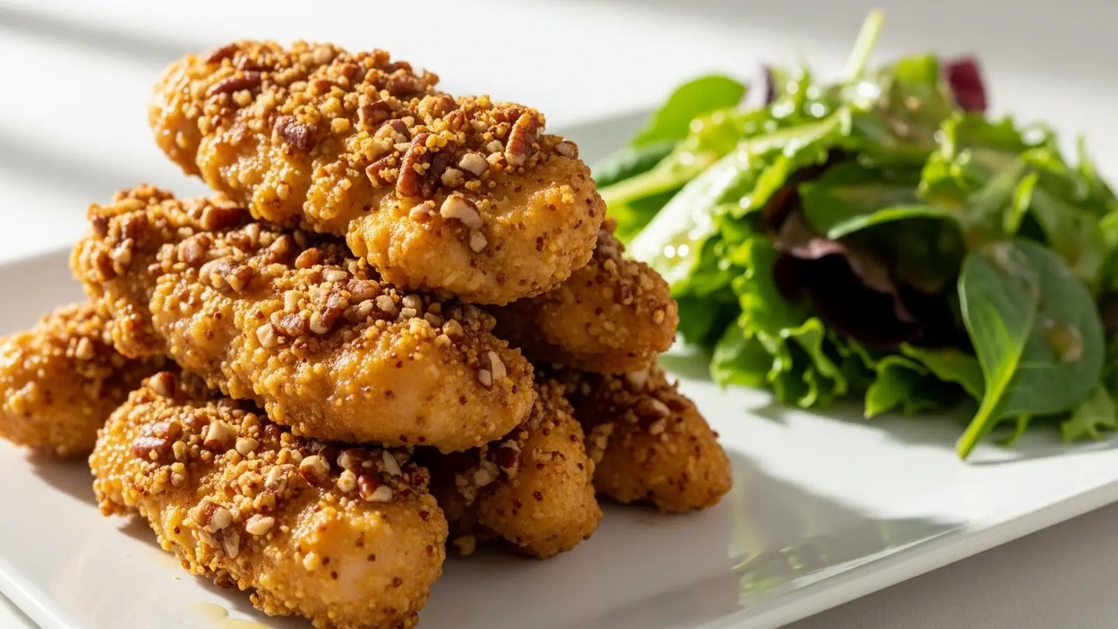 Golden brown pecan crusted chicken tenders on a white plate with a side of fresh greens