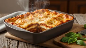 Golden-brown, bubbly egg noodle lasagna in a baking dish with a slice removed, revealing layers of noodles, sauce, and ricotta.