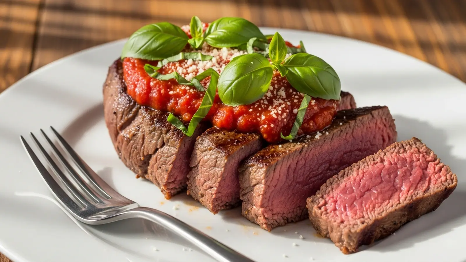 Sliced medium-rare filet mignon steak topped with red pizzaiola sauce, green basil, and grated Parmesan on a white plate.