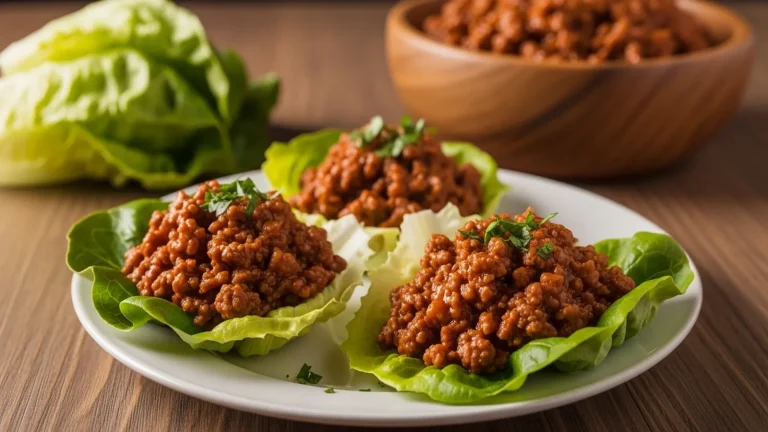 Two low-carb sloppy joes on crisp green lettuce cups, garnished with fresh parsley on a white plate.