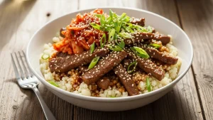 Keto Korean beef bowl with riced cauliflower, tender beef strips in glossy sauce, green onions, red kimchi, and white sesame seeds.