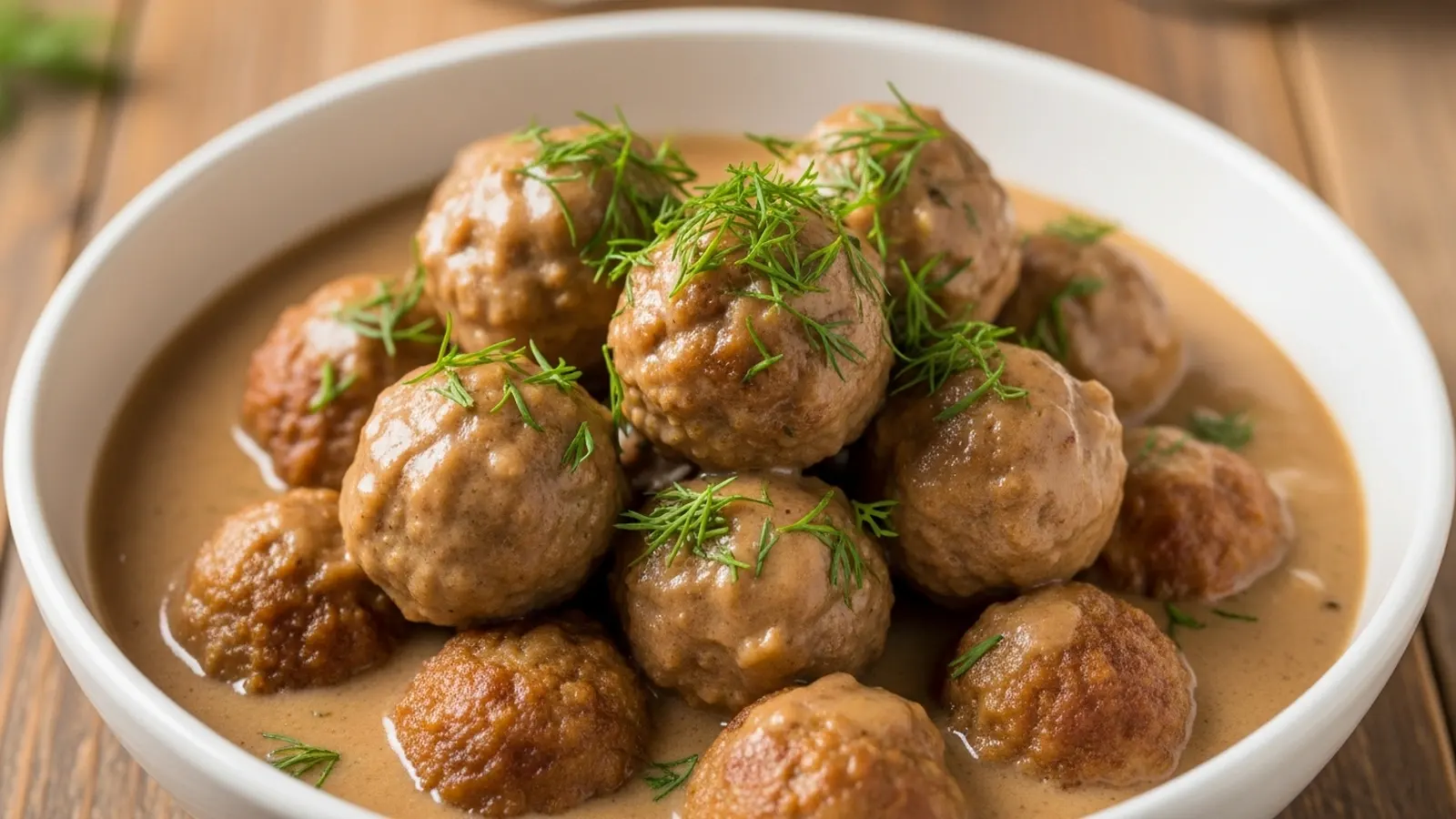 Creamy low-carb Swedish meatballs in a white bowl, garnished with fresh dill on a wooden table.