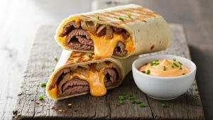Two Philly Cheesesteak Wraps, cut diagonally, stacked on a rustic wooden board with spicy mayo. Golden steak, melted cheese, and peppers are visible.
