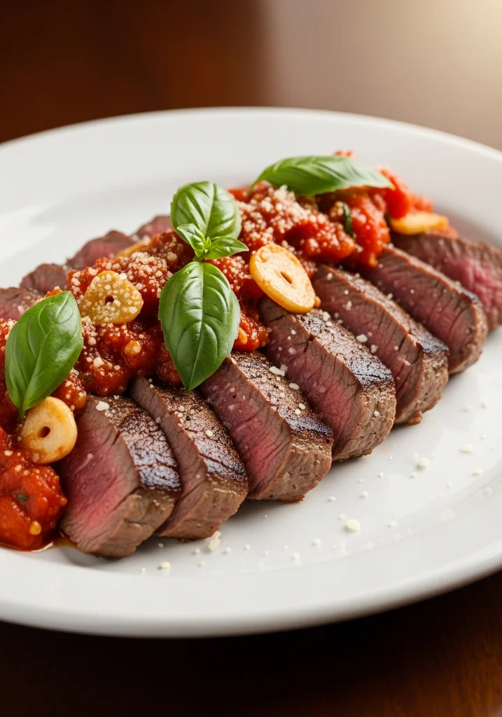 Slices of medium-rare filet mignon topped with red pizzaiola sauce, fresh basil, and grated Parmesan cheese.