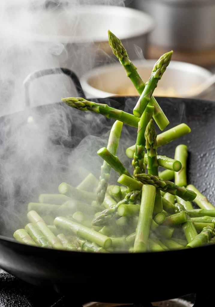 Vibrant green asparagus segments being stir fried in a dark wok