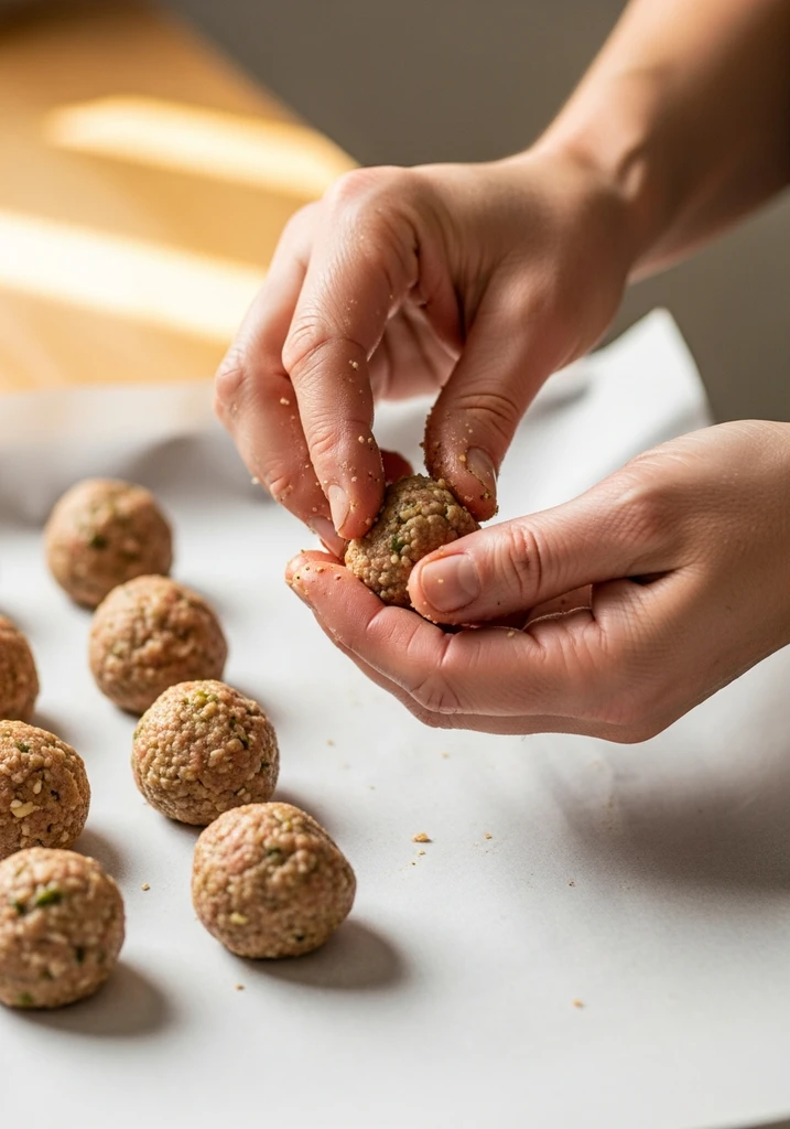 Hands forming uniform 1-inch meatballs on a parchment-lined baking sheet.