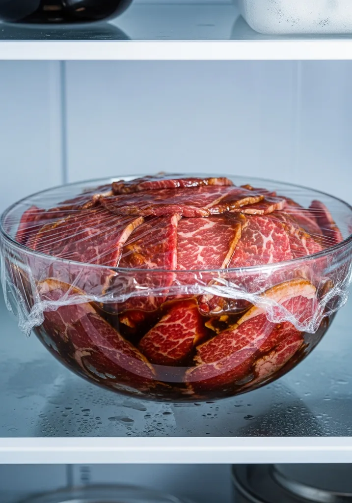 Thinly sliced beef completely coated in dark marinade inside a glass bowl, covered with plastic wrap.