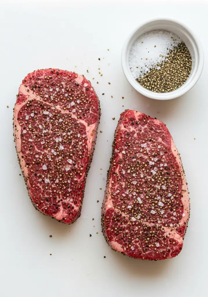 Two thick raw filet mignon steaks seasoned with salt and pepper on a white cutting board, ready for cooking.