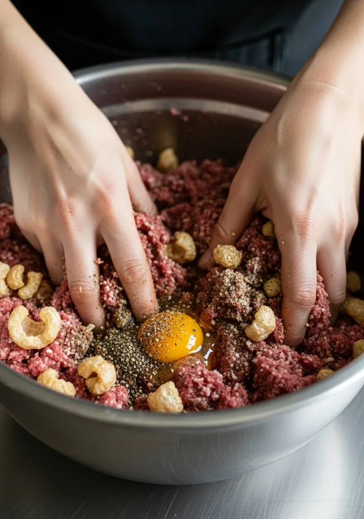Ground beef, crushed pork rinds, egg, and spices mixed by hand in a large bowl.