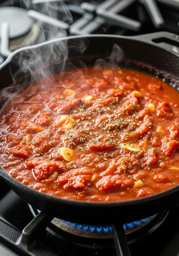 Simmering red crushed tomato sauce with garlic and oregano in a cast iron skillet on a stovetop.