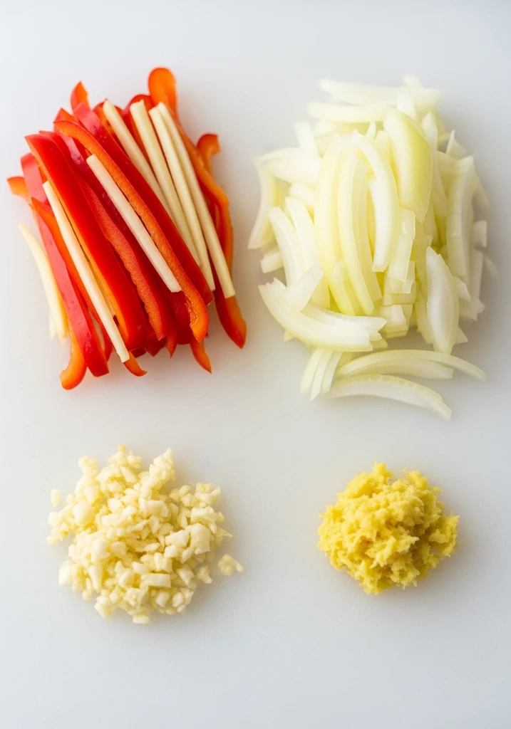 Prepped vegetables: red bell pepper strips, chopped yellow onion, minced garlic, grated ginger on a white board.