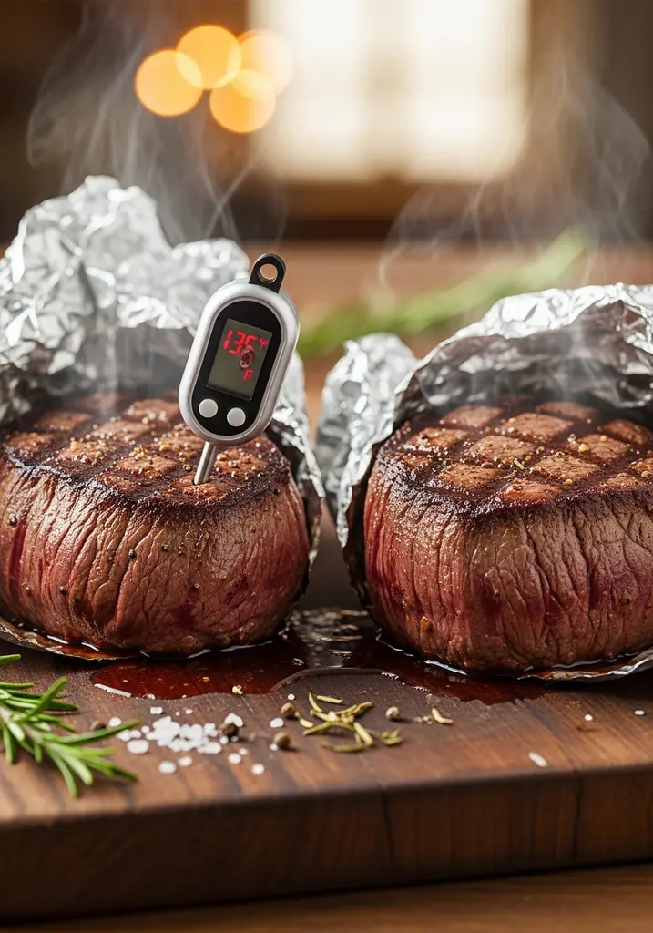 Two seared filet mignon steaks resting under foil on a wooden board, with a thermometer showing 135°F.