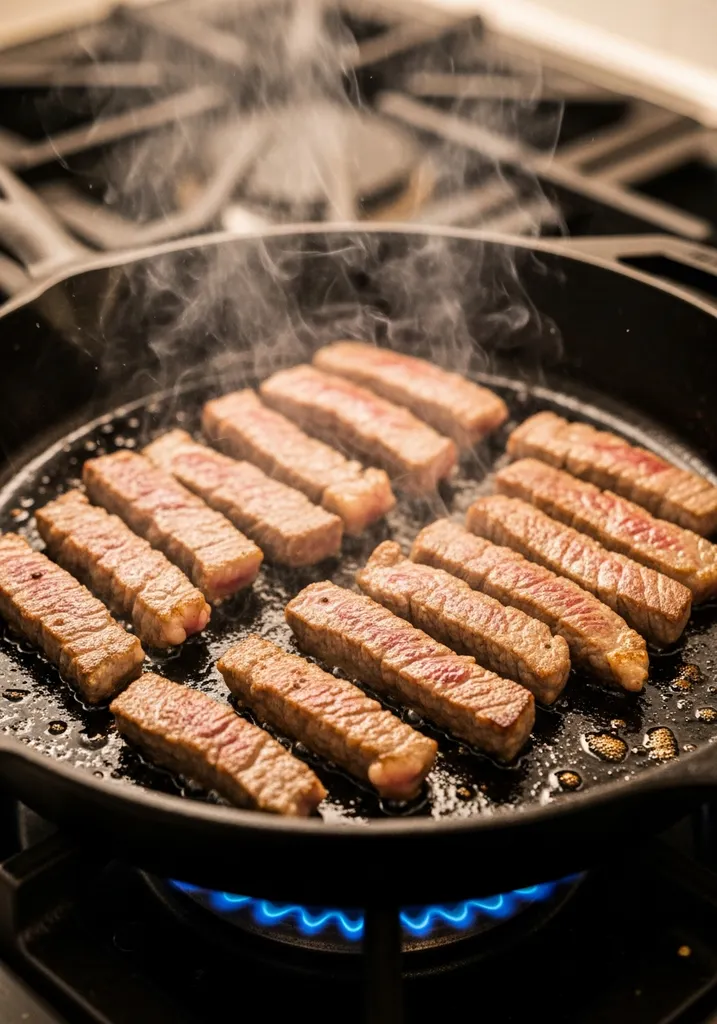Thin beef strips searing to a golden-brown crisp in a hot cast-iron skillet, steam rising