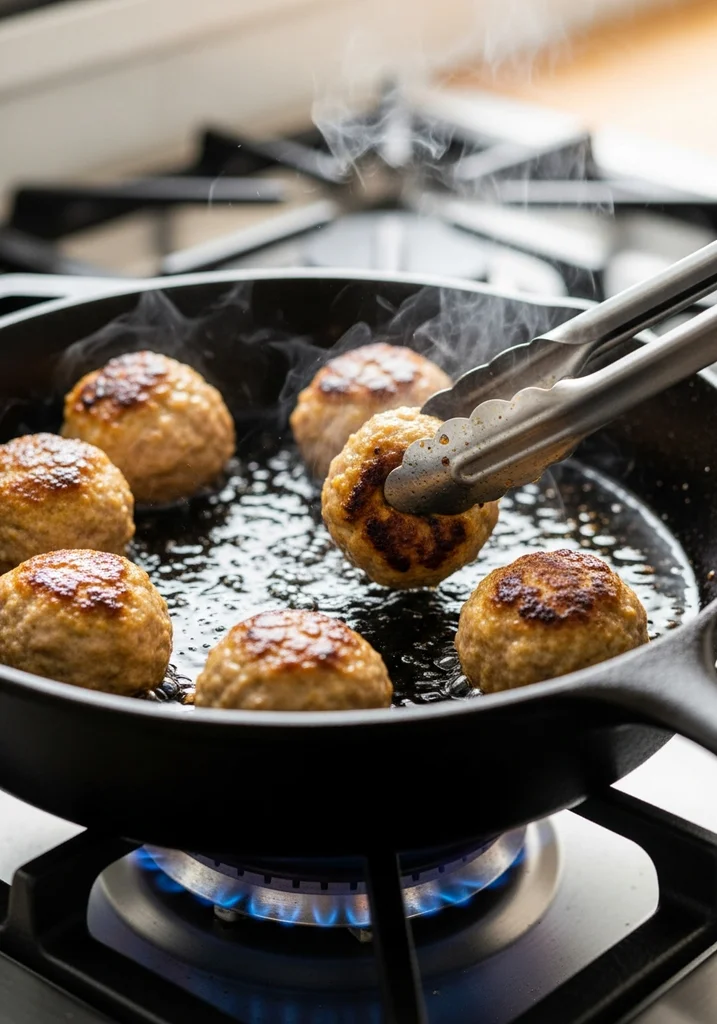 Golden-brown meatballs searing in a cast-iron skillet with avocado oil.