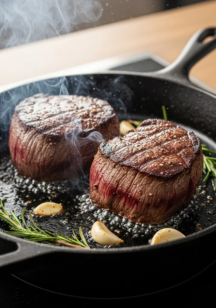 Two thick filet mignon steaks searing in a hot cast iron skillet, forming a dark brown crust with sizzling oil.