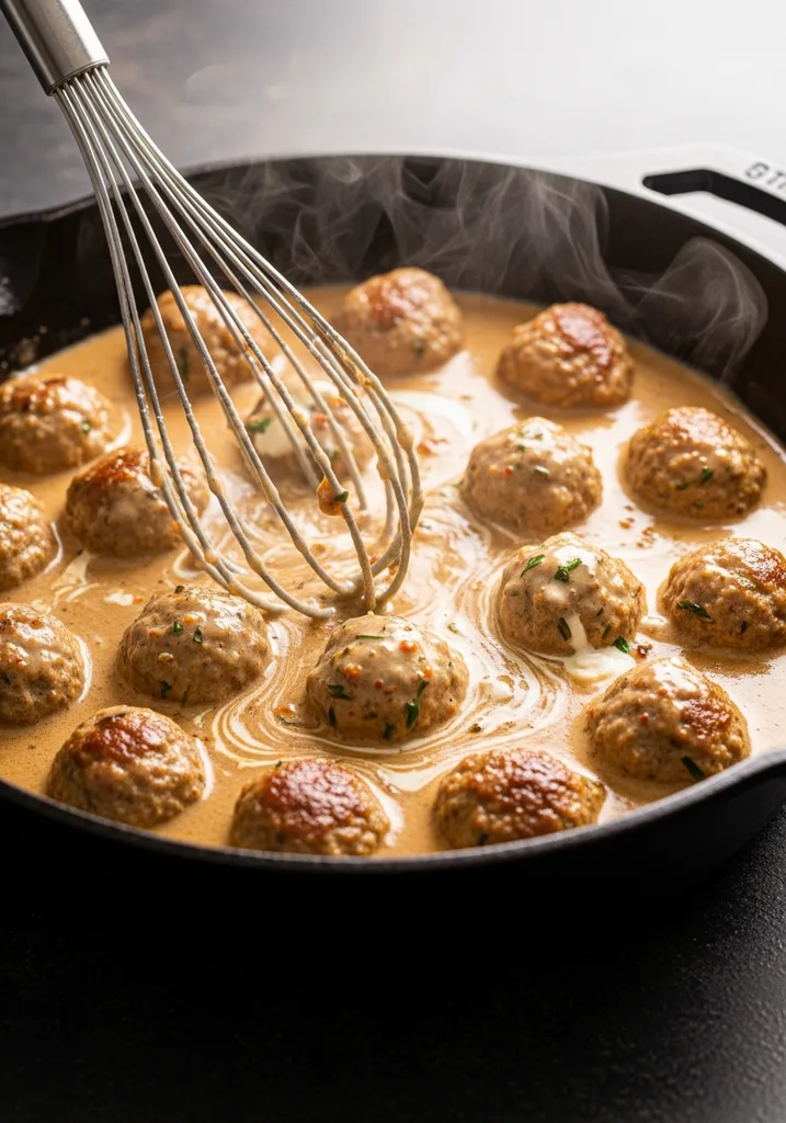 Meatballs simmering in creamy sauce in a skillet, with a whisk.