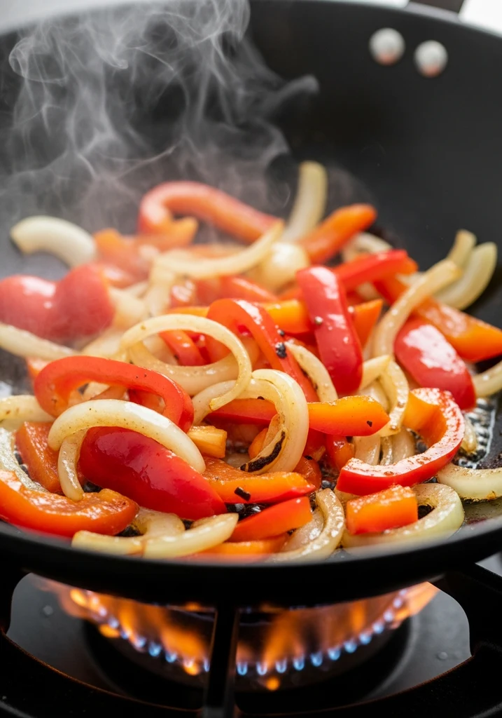 Vibrant red bell pepper and yellow onion strips stir-frying in a hot wok, slightly charred.