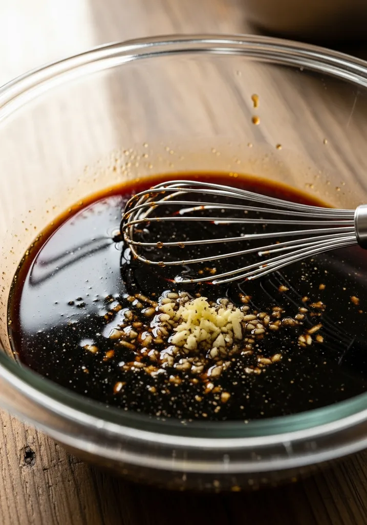 Dark, glossy marinade in a glass bowl with a whisk, showing flecks of garlic and ginger.