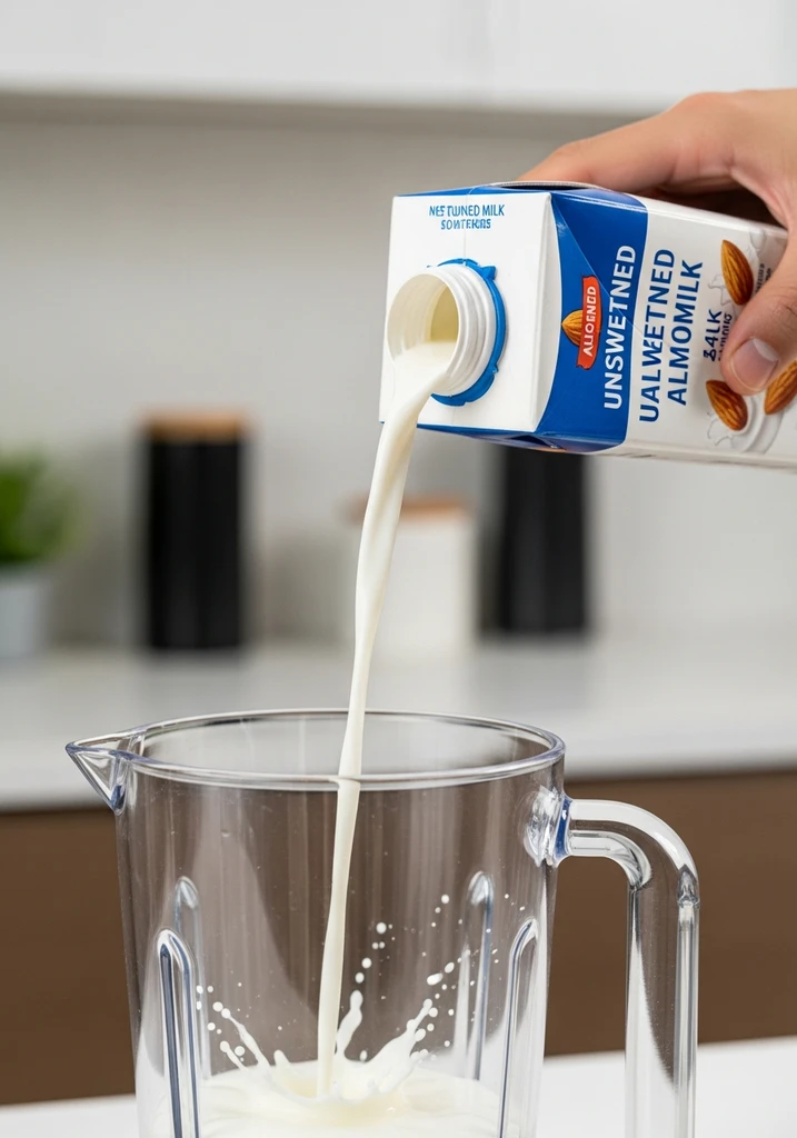 Hand pouring unsweetened almond milk into a clear blender pitcher, filling the bottom section.