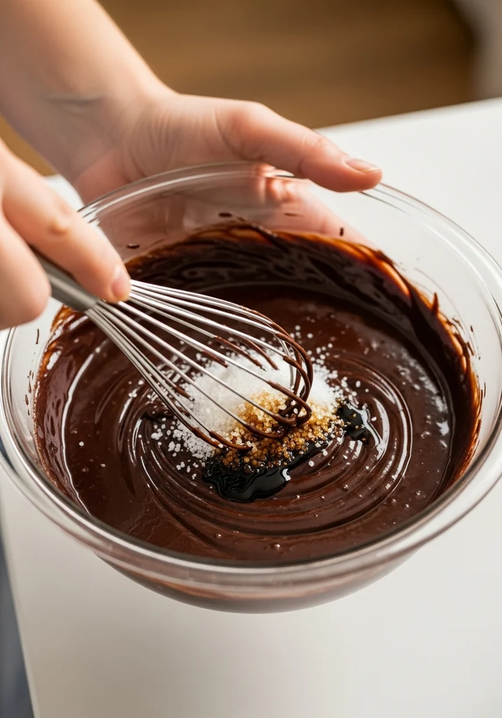 Hand whisking white erythritol sweetener and vanilla extract into glossy dark chocolate ganache in a clear glass bowl.