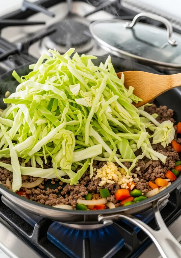 Shredded green cabbage mixed with browned ground meat and aromatics in a large skillet, covered with a lid.