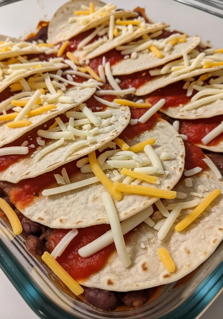 Overlapping low-carb tortillas cover a red salsa base in a baking dish, topped with a light layer of shredded white cheese.