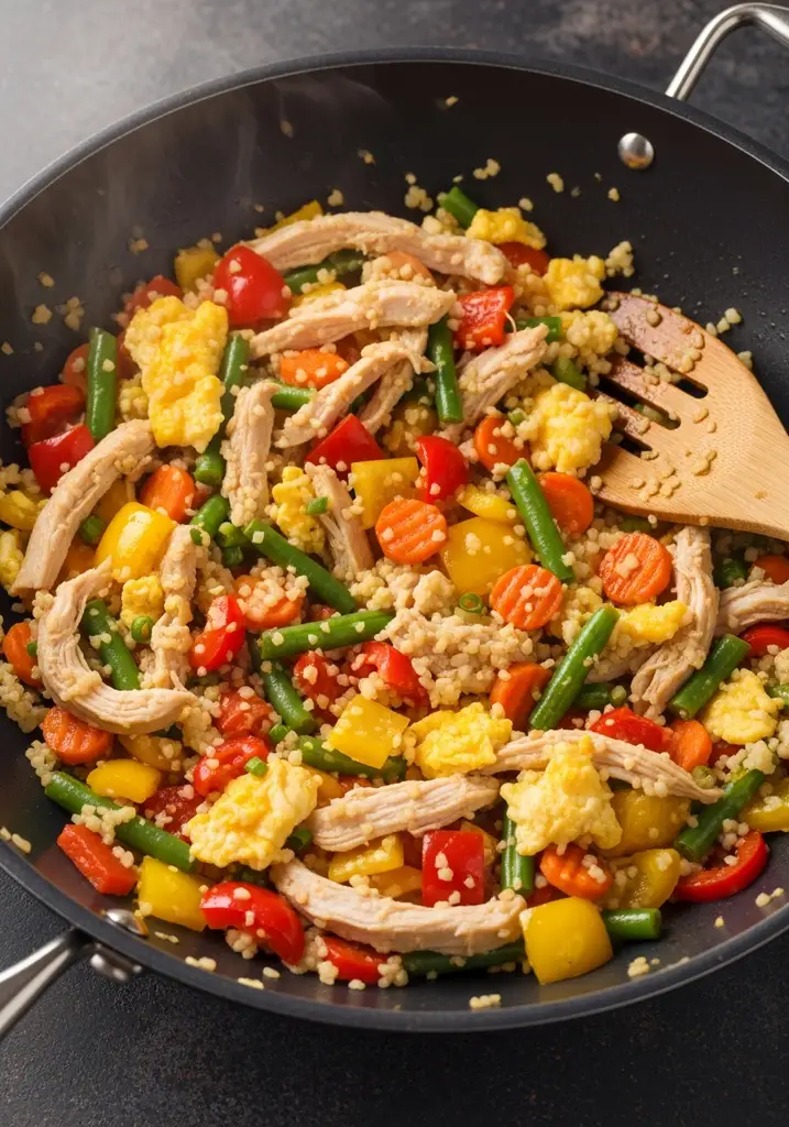 Vibrant bell peppers, carrots, green beans, cauliflower rice, chicken, and egg tossed in a wok.
