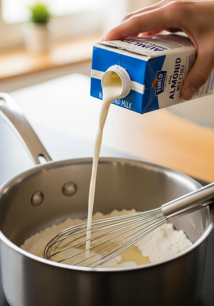 Hand pouring almond milk into a saucepan with white dry ingredients, being whisked to form a smooth slurry.
