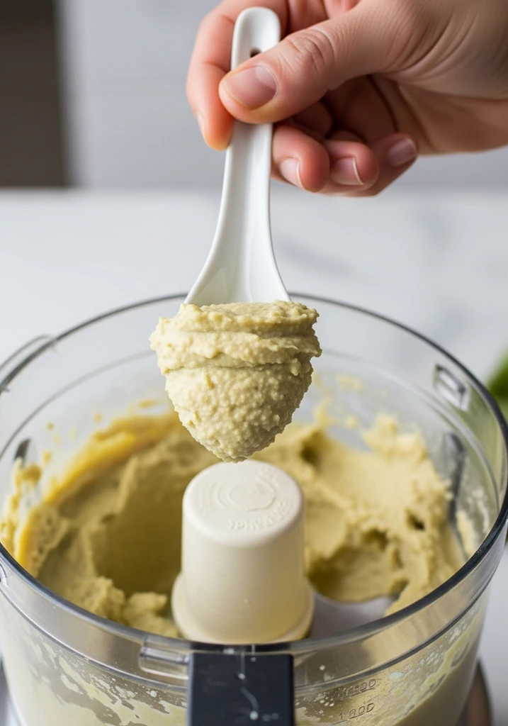Small white spoon scooping a dollop of smooth, pale green artichoke hummus from a food processor bowl for a taste test.