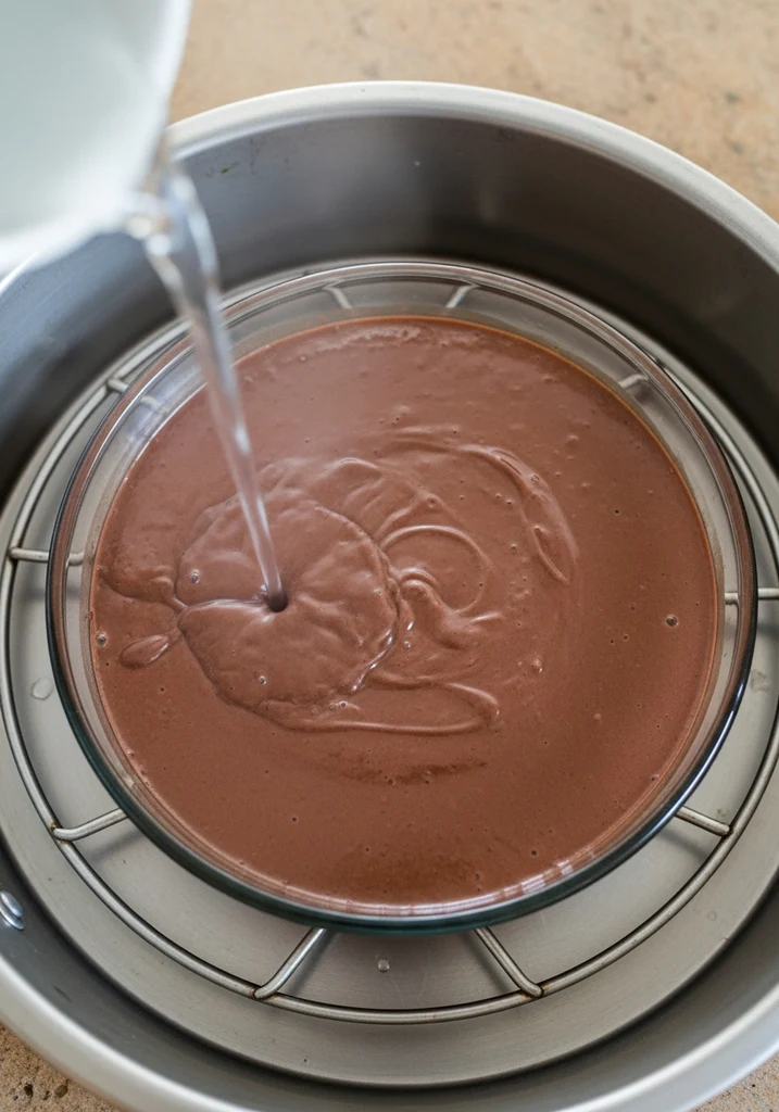 Dark chocolate custard in a glass dish inside a roasting pan, with hot water being poured for a water bath.