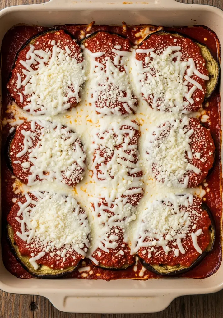 A rectangular glass baking dish with visible layers of red sauce, brown eggplant, and white shredded cheese, ready for baking.