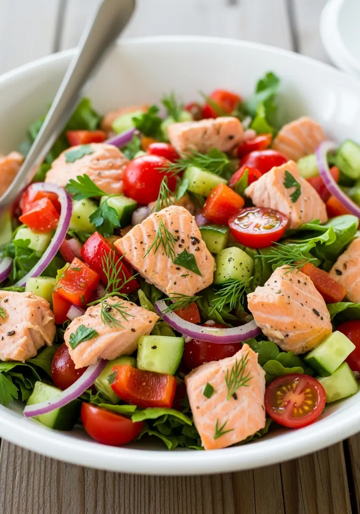 A large white bowl filled with Mediterranean salmon salad, showing flaky salmon, diced vegetables, and a light vinaigrette.